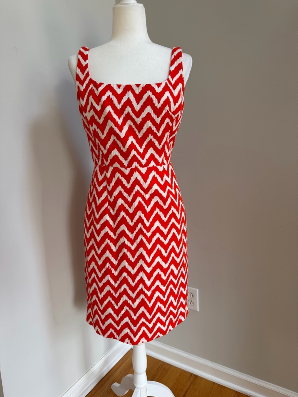 Milly of New York Orange-Red & White Zigzag Midi Sheath Dress